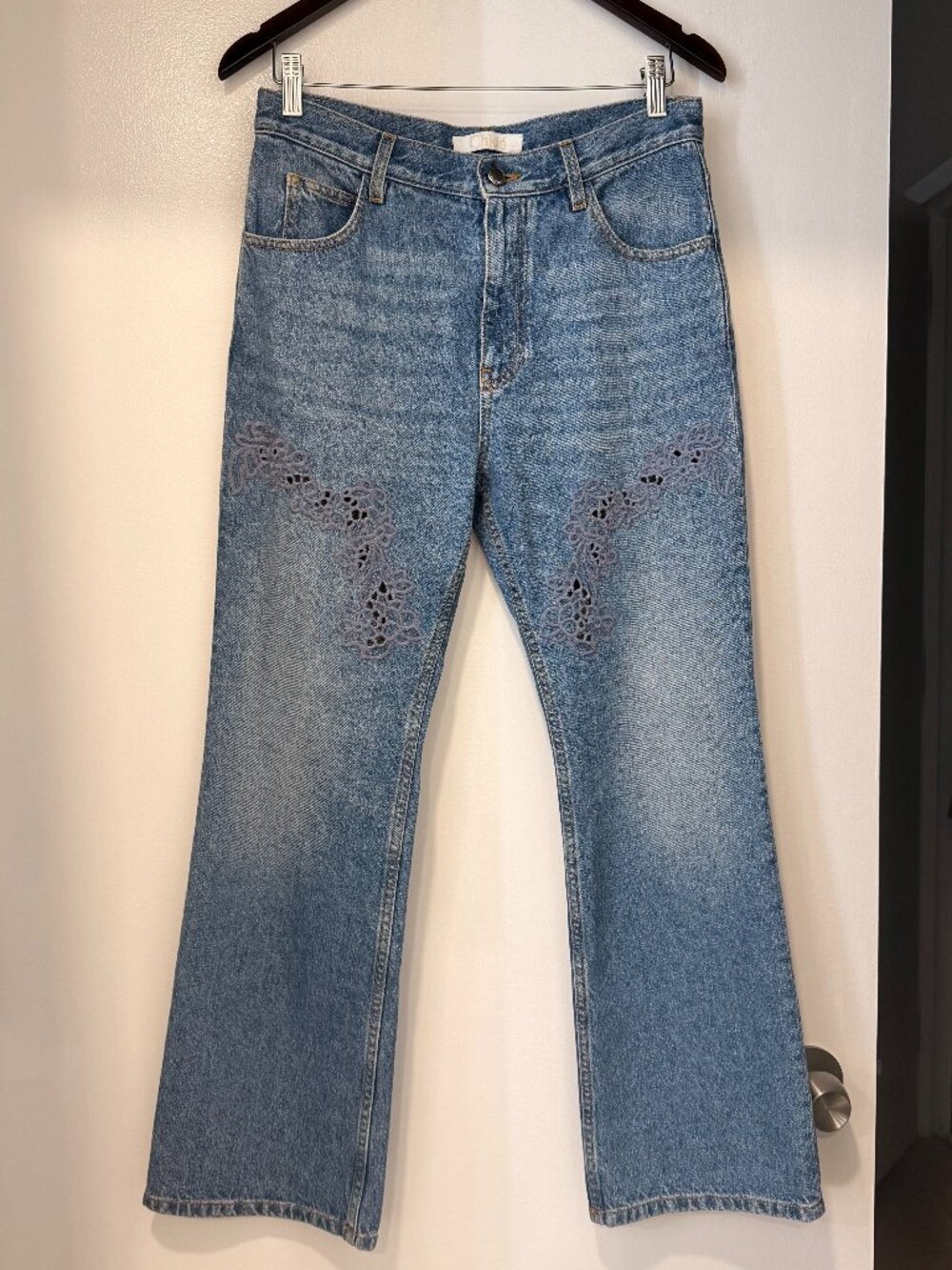 Chloe Lace-Detailed Bootcut Crop Jeans in Foggy Blue, size 29